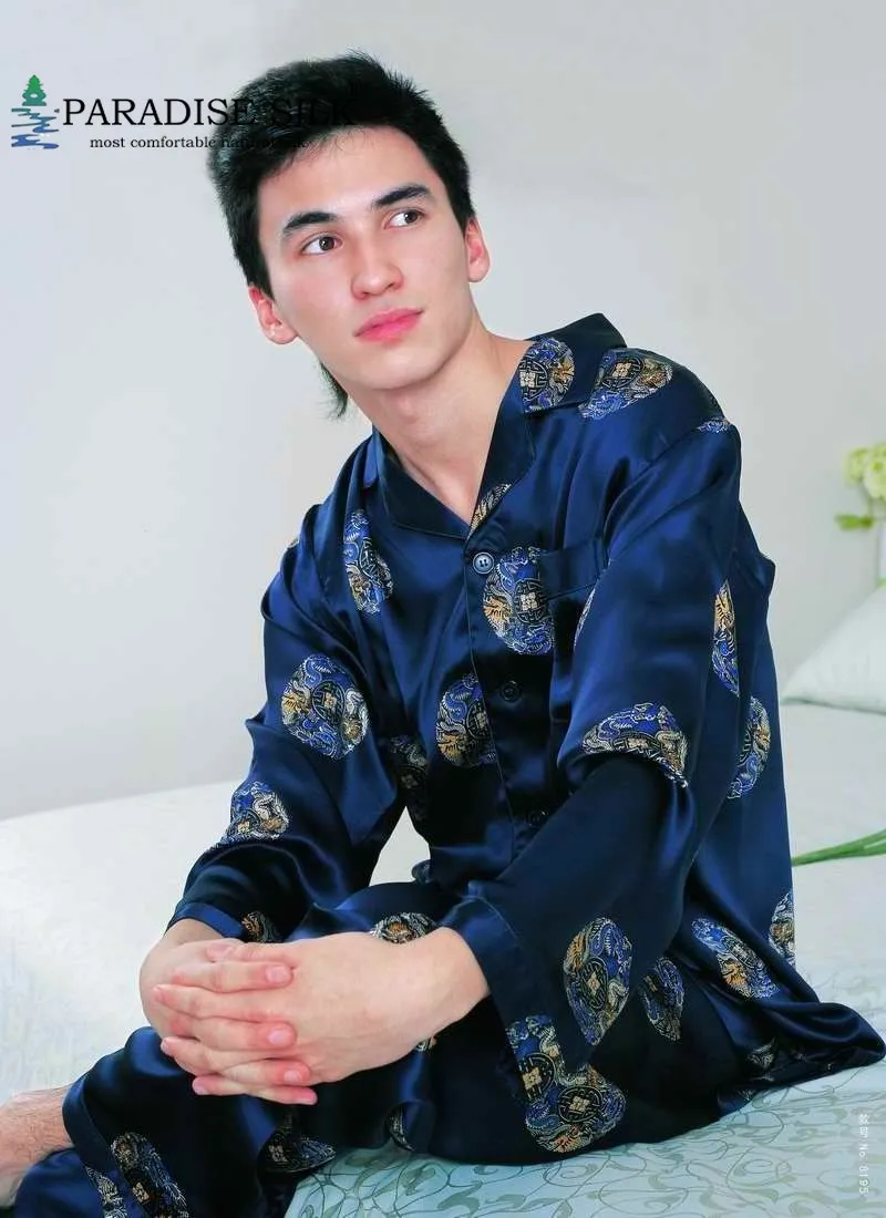 

Men's Pajamas Set 100% Pure Silk Men Lounging Wear Floral Sleepwear Size L XL XXL