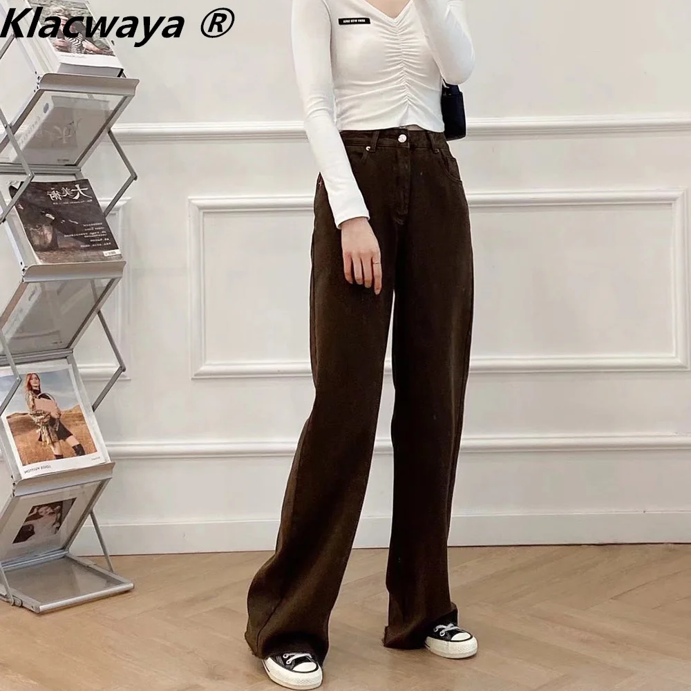 

Klacwaya Women Pants High Waist Jeans Woman Clothes Zipper Fly Oversize Pants Pocket Casual Brown Streetwear Jeans Wide Trousers