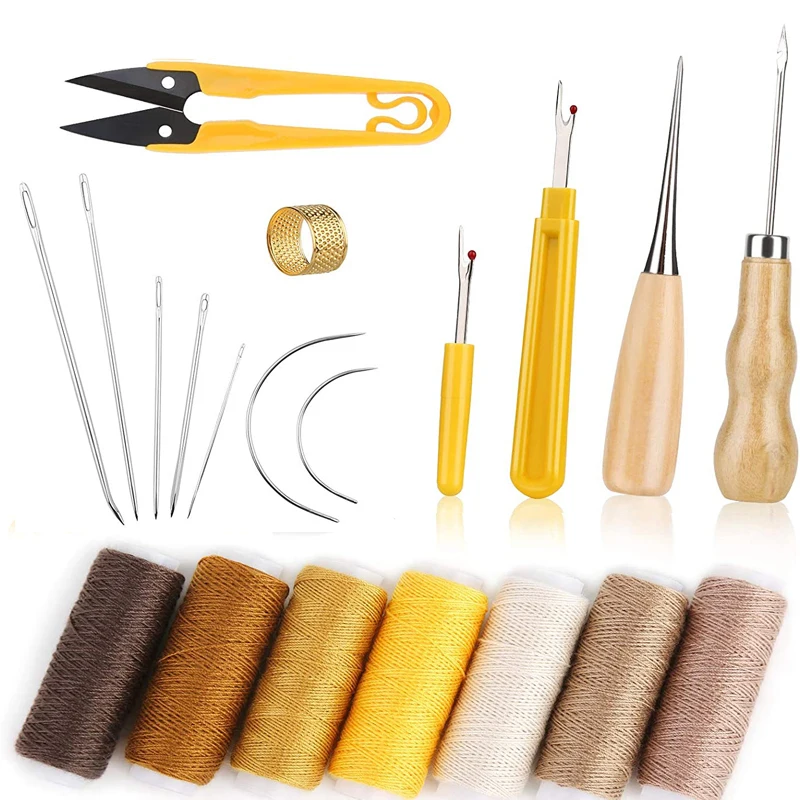 

KAOBUY Leather Craft Stitching Tools Set With Hand Sewing Needles Awl Thimble Waxed Thread Seam Rippers For DIY Leather Sewing