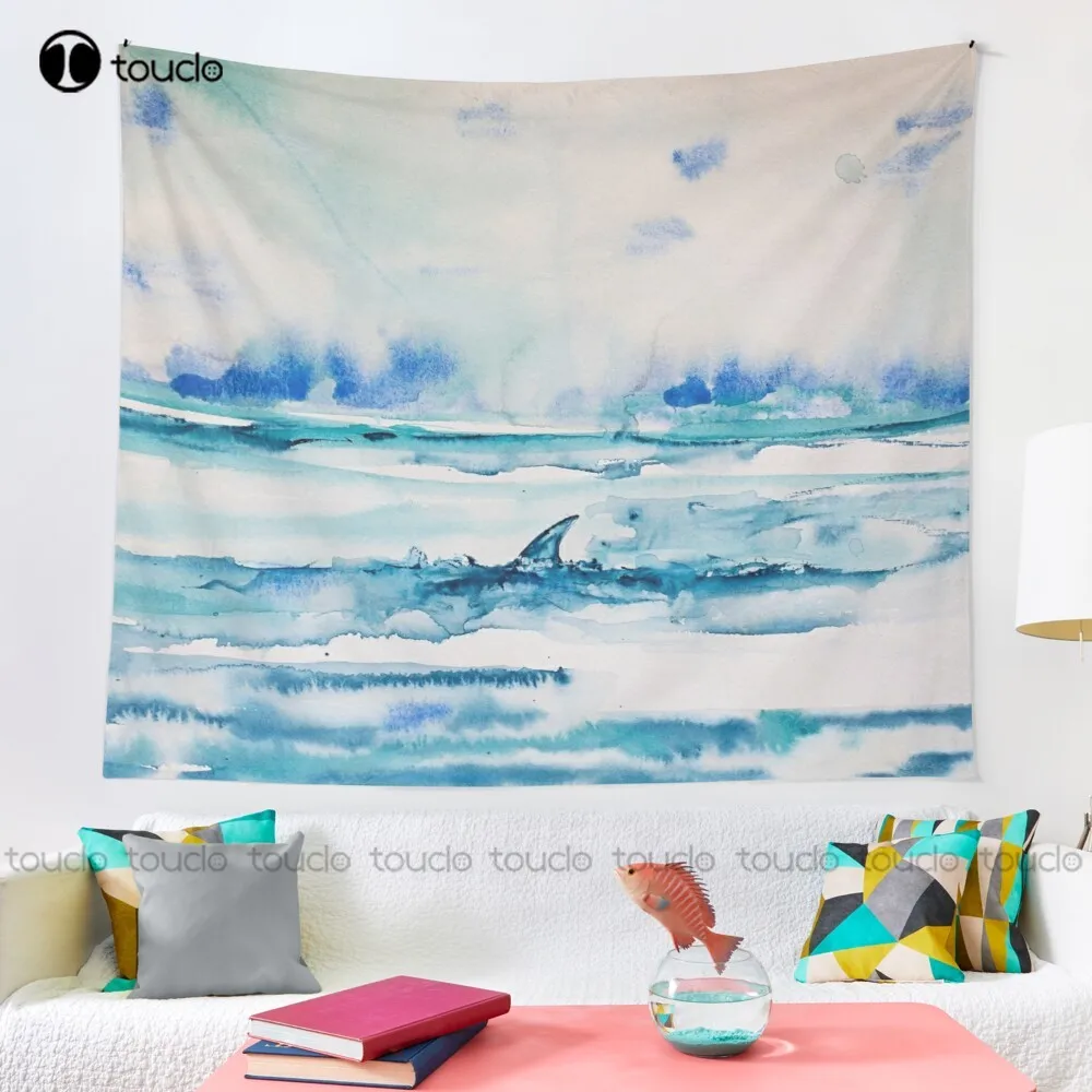 Shark Fin Fine Art Watercolor Aquarel Tapestry Tapestry Prints Blanket Tapestry Bedroom Bedspread Decoration Art Home Decoration