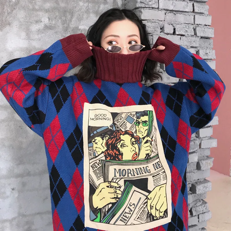 Women Vintage Plaid Sweaters Autumn Long Sleeve Oversize Knit Sweater Hip Hop Ulzzang BF Unisex Couples Winter Pullovers Tops