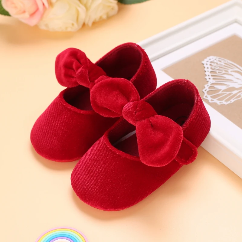 0-18M Neugeborenen Baby Mädchen Schuhe Samt Rot Weihnachten 0-18M Prinzessin Mädchen Baby Schuhe bogen Erste Wanderer – Detail 3