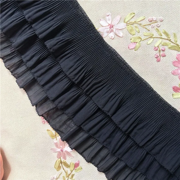 12CM Wide White Black Three-layer Pleated Chiffon Lace Applique Ruffle Trim Ribbon For DIY Crafts Cloth Dress Fringe Decoration