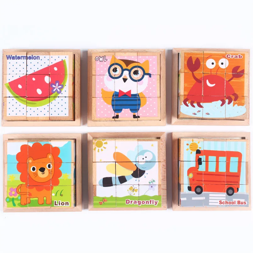 

9Pcs 3D Wooden Building Blocks Toy Chopping Block Wood Cubes Animal Fruit Traffic Six-sided Educational Toys For Children Gifts