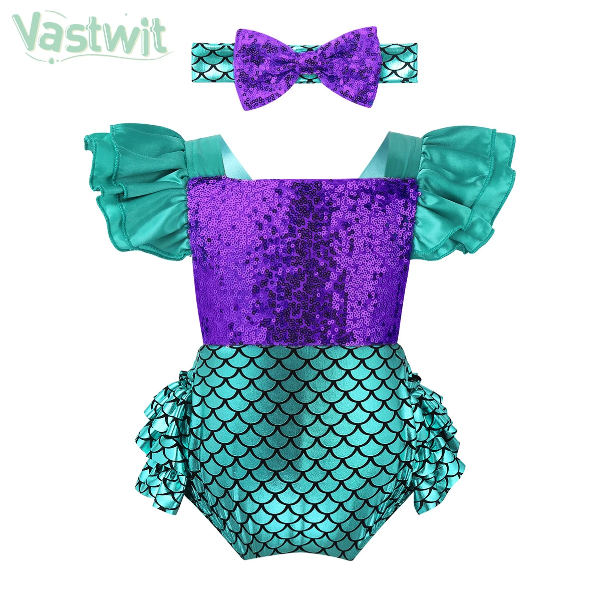 

Baby Girl Shiny Sequin Mermaid Cosplay Costume Romper Jumpsuit with Headband Toddlers Kids Halloween Costume Sunsuit Outfits