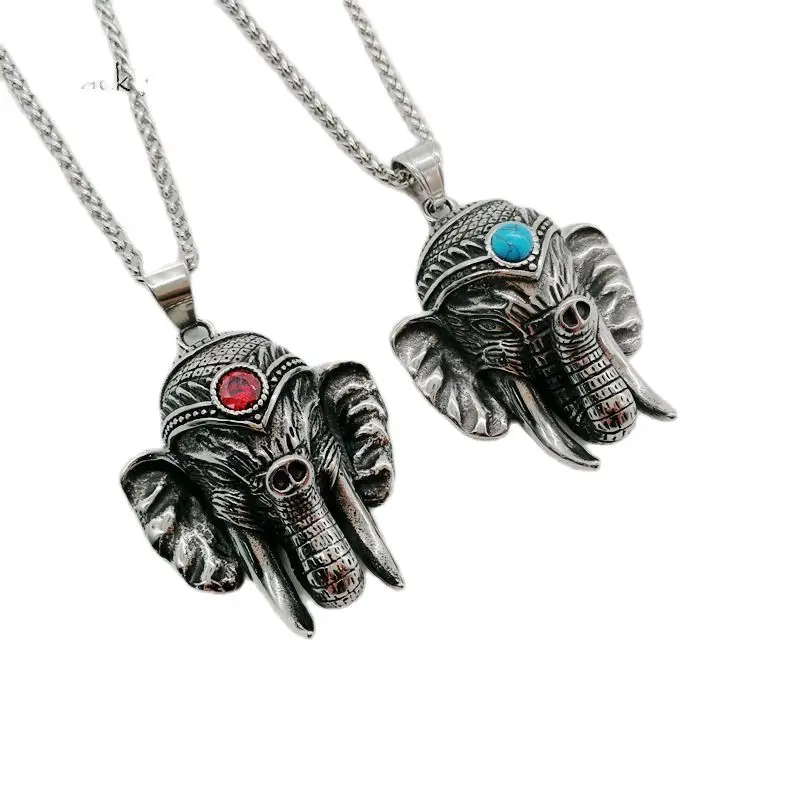 Vintage silver color 316L stainless steel Indian Ganesha necklace pendant Red stone Thailand elephant Ganesha necklace