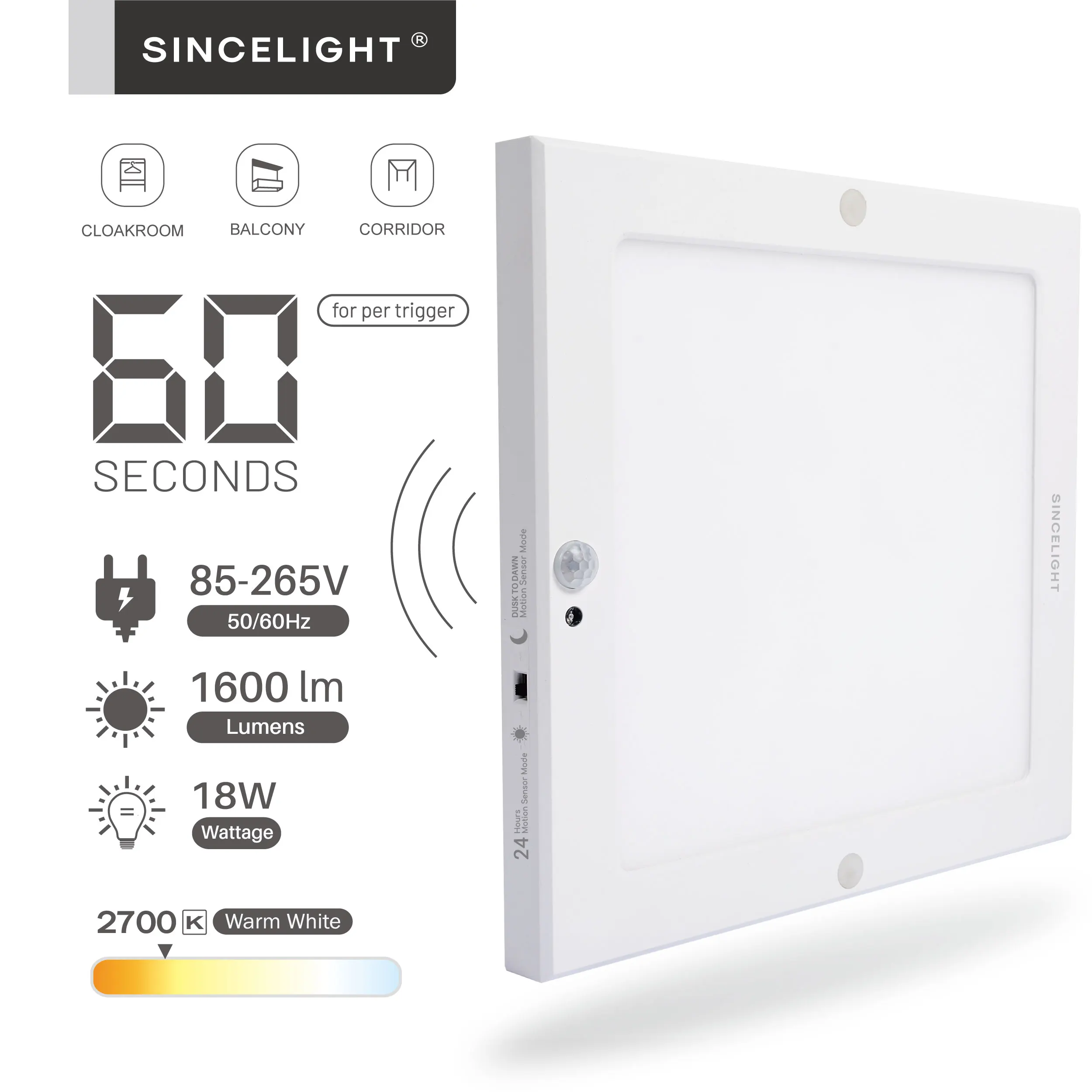 Square Motion Sensor LED lampa sufitowa 18, 1600lm, 2700-6000K(PIR i Light Senor/podwójny tryb przełączalny) oprawy oświetlenia sufitowego