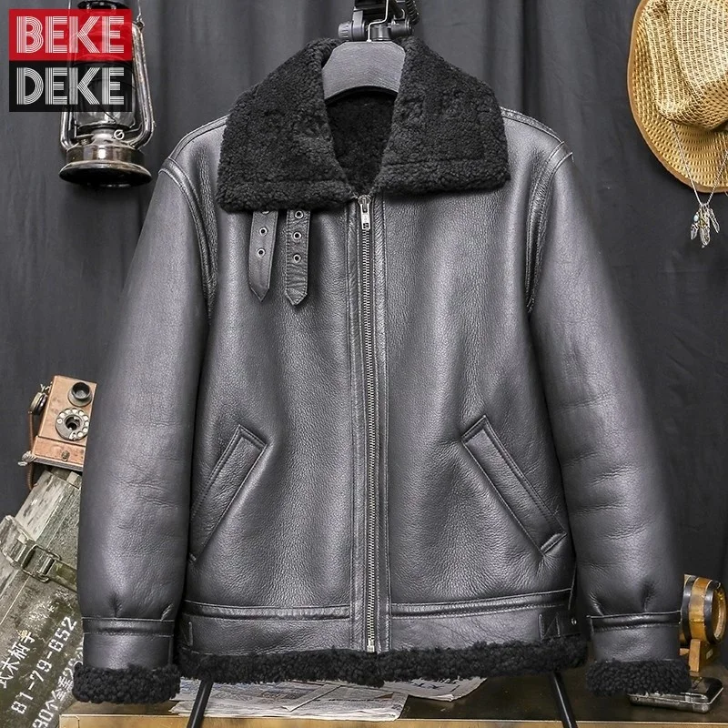 

Winter Luxury Mens Natural Shearling Jacket Thick Warm Wool Lining Coat Man Slim Fit Motorcycle Biker Real Fur Jacket Plus Size