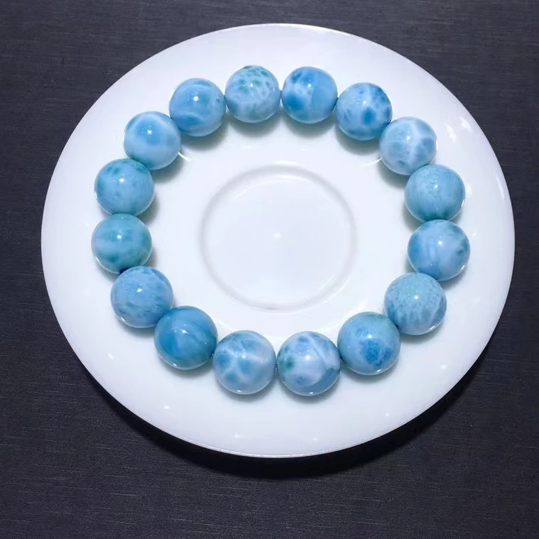 Natural Blue Larimar Gemstone Round Beads Bracelet 12.4mm Water Pattern Larimar Women Men Genuine AAAAAA