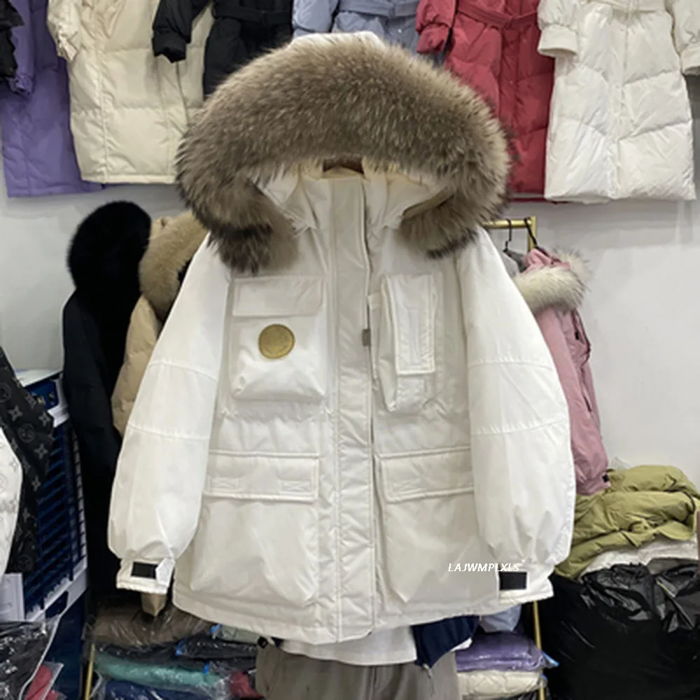 Winter New Large Natural Raccoon Fur Hooded Jacket Women 90% White Duck Down Thick Coat High Waist Loose Windbreak Warm Outwear