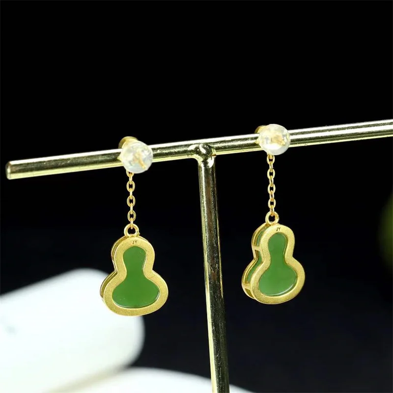 Hot Selling Natural Hand-carved 925 Silver Gufajin Inlaid Jasper Gourd Earrings Studs Fashion Jewelry Women Luck Gifts