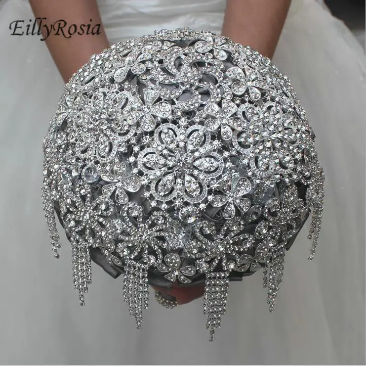 Eillyrosia strass borla nupcial bouquet cinza cetim prata cristais jóias casamento buquê noiva flores fita de seda luxo