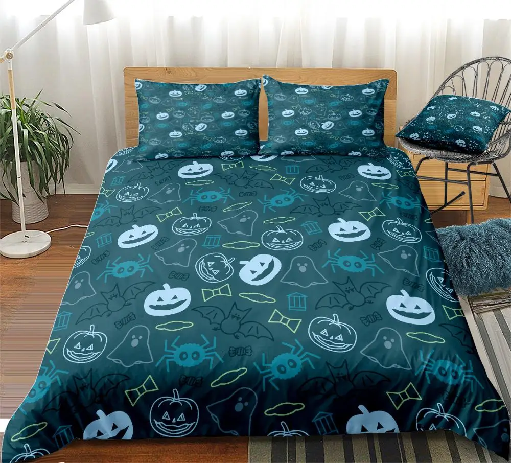 Happy Halloween Duvet Cover Set Pumpki Hat Bedding Set Skull Cartoon Beds Set Purple Blue Halloween Home Textiles Microfiber