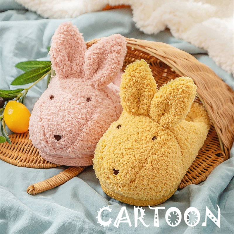 2021 New Cartoon Rabbit House Children Fur Slippers Winter Warm Plush Boys Girls Bedroom Cotton Shoe Non-slip Home Kids Slippers