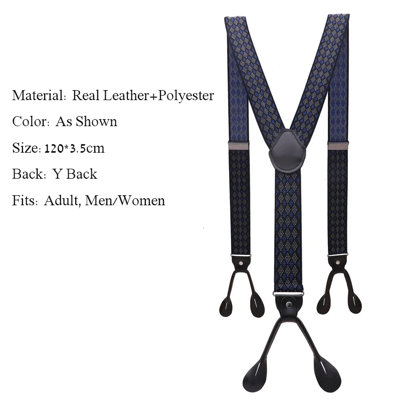 1.38" Width Adult Button Suspenders Black Real Leather Suspenders Y-back Shape Man Ligas Tirantes Stretch Hangeband 3.5*120cm