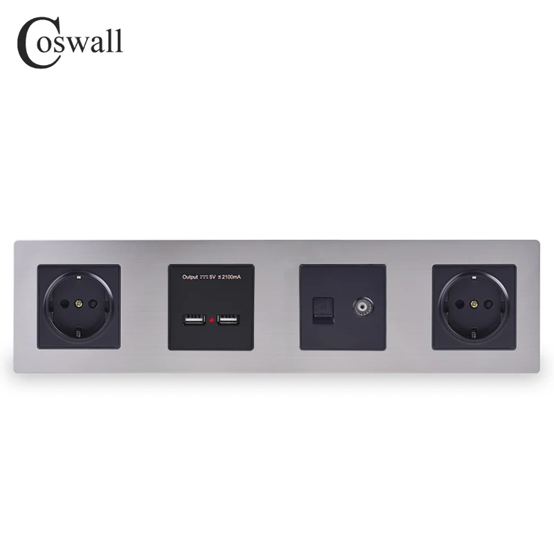 

COSWALL Silver Stainless Steel Panel Black Double Wall EU Socket + Dual USB Charging Port + TV Jack with CAT5E Internet Port