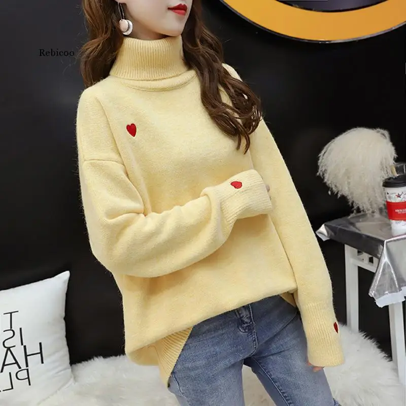 Autumn Winter Korean Fashion Pink Pull Femme Print Heart Autumn Winter Clothes Embroidery Turtlenec Knitted Sweater Pullover