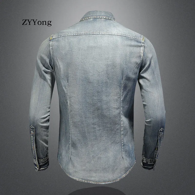 ZYYong New Fashion Lapel Long Sleeve Men's Denim Shirt Retro Slim Blue Motorcycle Style Streetwear Leisure Thin Coat