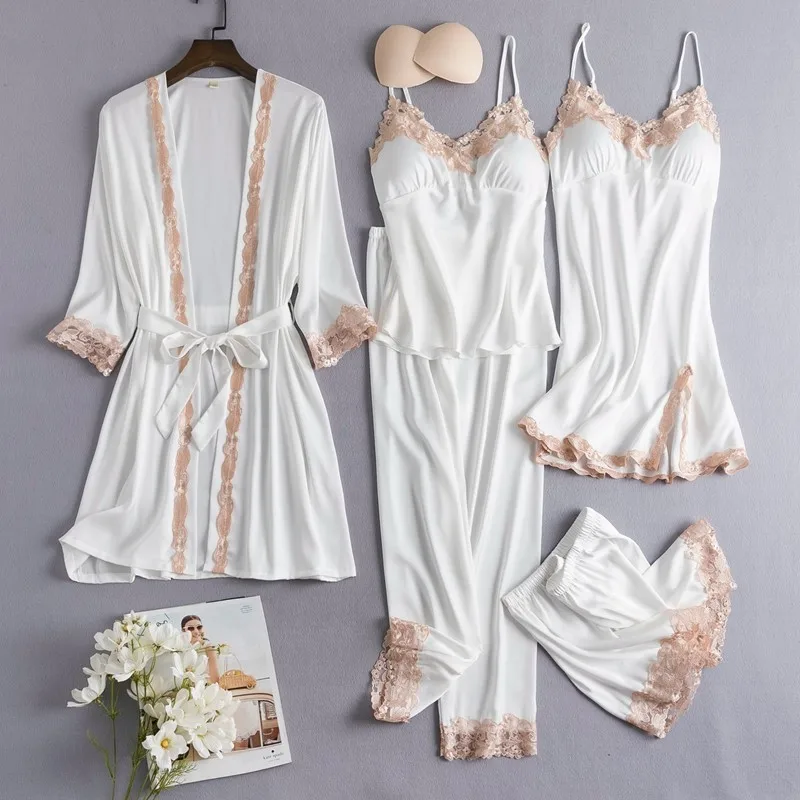 Sexy Female 5PCS Robe Set Satin Rayon Bathrobe Women Kimono Bath Gown Loose Sleepwear Nightwear Bridesmaid Robes Suit Homewear