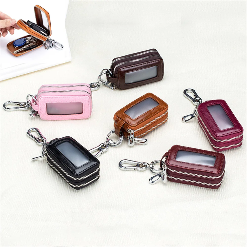 Genuine Leather Key Wallet Men Women Car Key Bag Multi Function  Fashion Double Pocket Zipper Mini Wallet Keychain