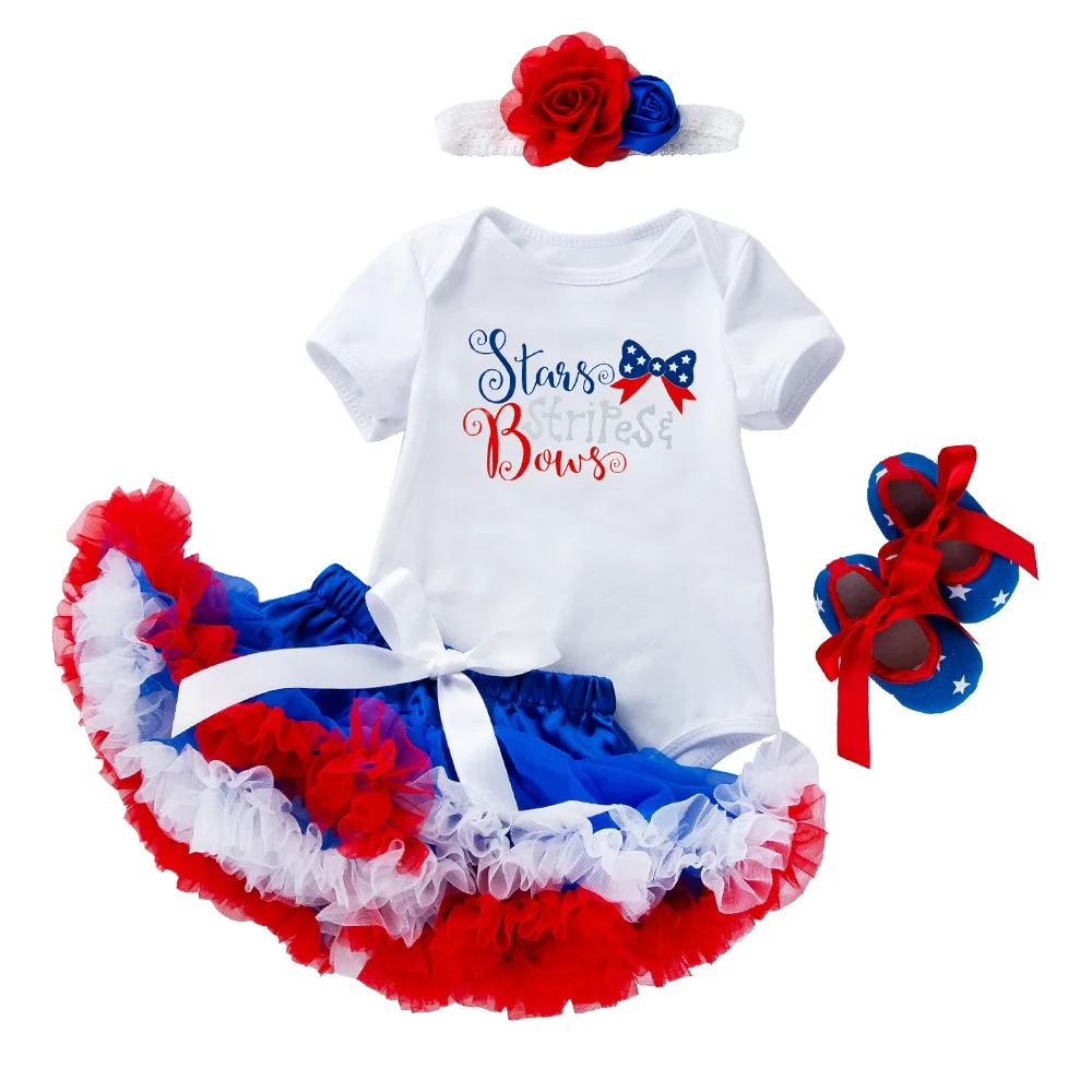 Toddler Summer 4Pcs Newborn Baby Girls American Flag July 4th Bodysuit Headband Outfits Short Sleeve Holiday Clothes Infant Kids