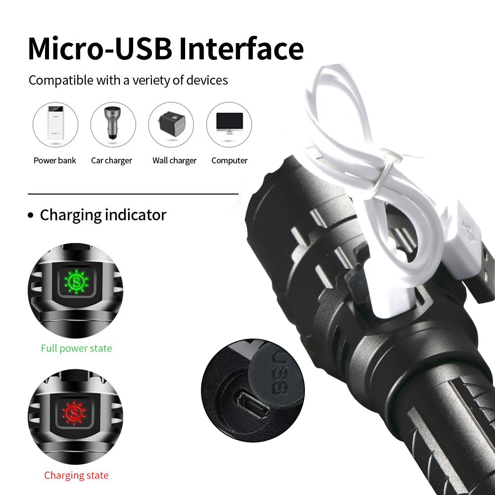 100000LM Ultra Bright Tactical Flashlight LED Scout L2 Hunting Fishing Light USB Rechargeable Waterproof Torch 5 Modes by 18650
