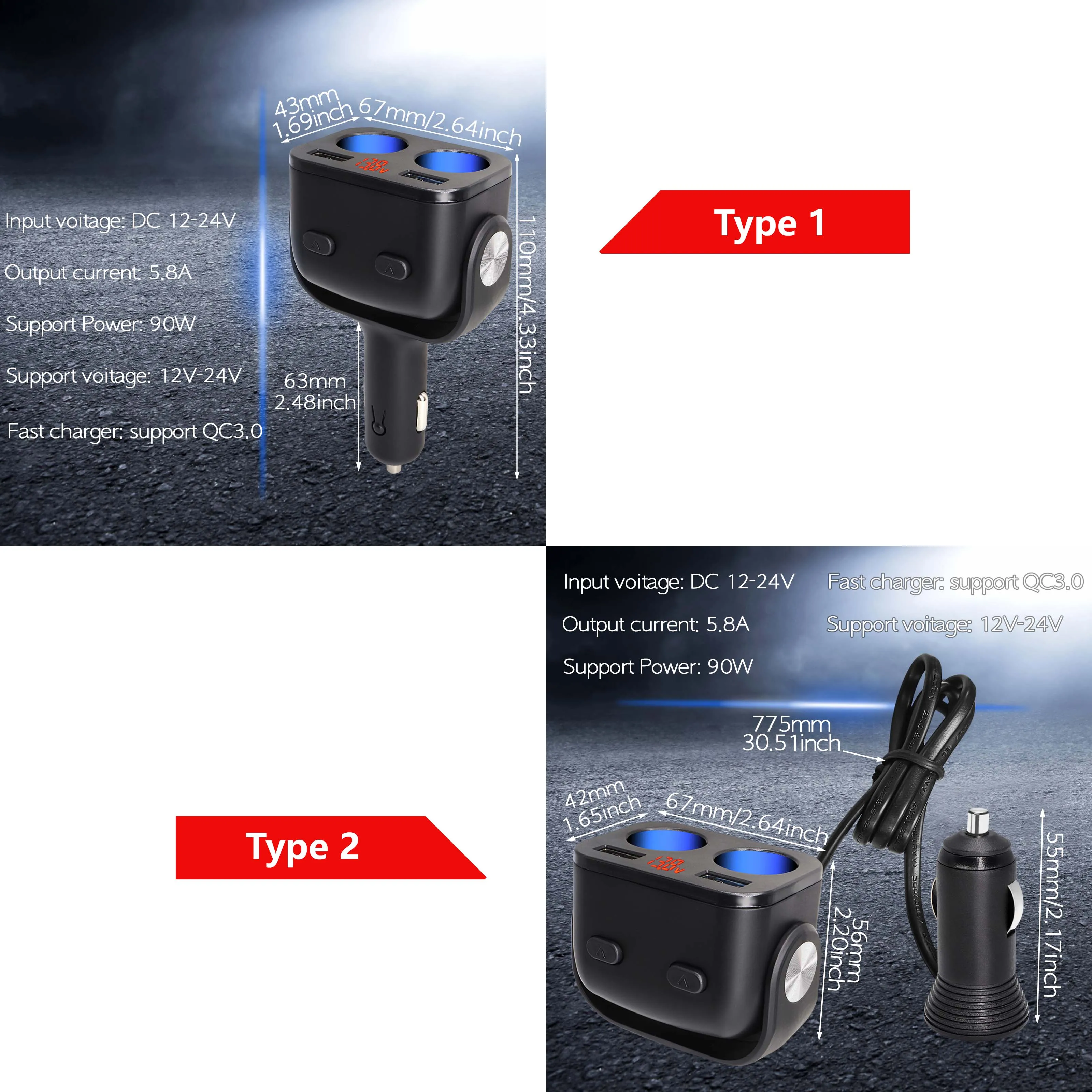 12V LED Car Cigarette Lighter Splitter Socket Extension Cable Cord Power Adapter USB Charger Phone PC 2 Way QC3.0 100W Converter