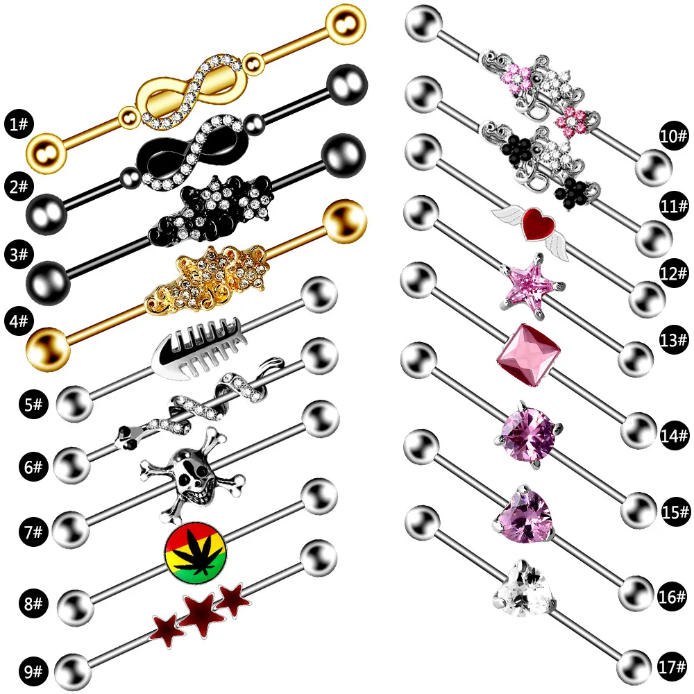 316L Surgical Steel Skull Industrial Barbell Earring Pink Zircon Ear Rings Piercing 14G Helix Piercing Cartilage Body Jewelry