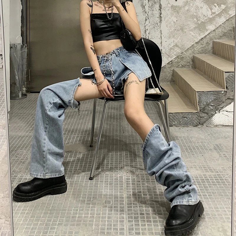 High Street Jeans Women Splice Wide Leg Trousers Hip-hop Cotton Loose Retro Chain Removable Cool Girls Womens Denim Pants Y2K