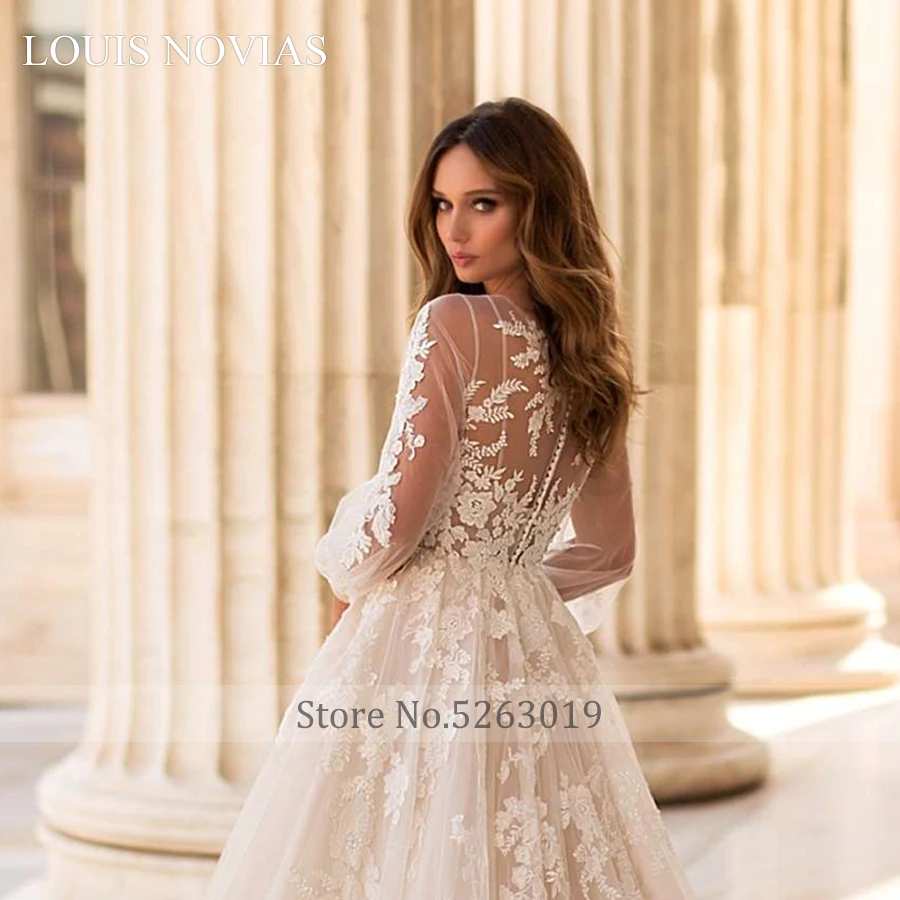 Louis Novias Abito Da Sposa Manica Lunga Ricamo Squisito Spazzata Spazzola Treno Illusion Scollo A V Abiti Da Sposa Vestido De Noiva