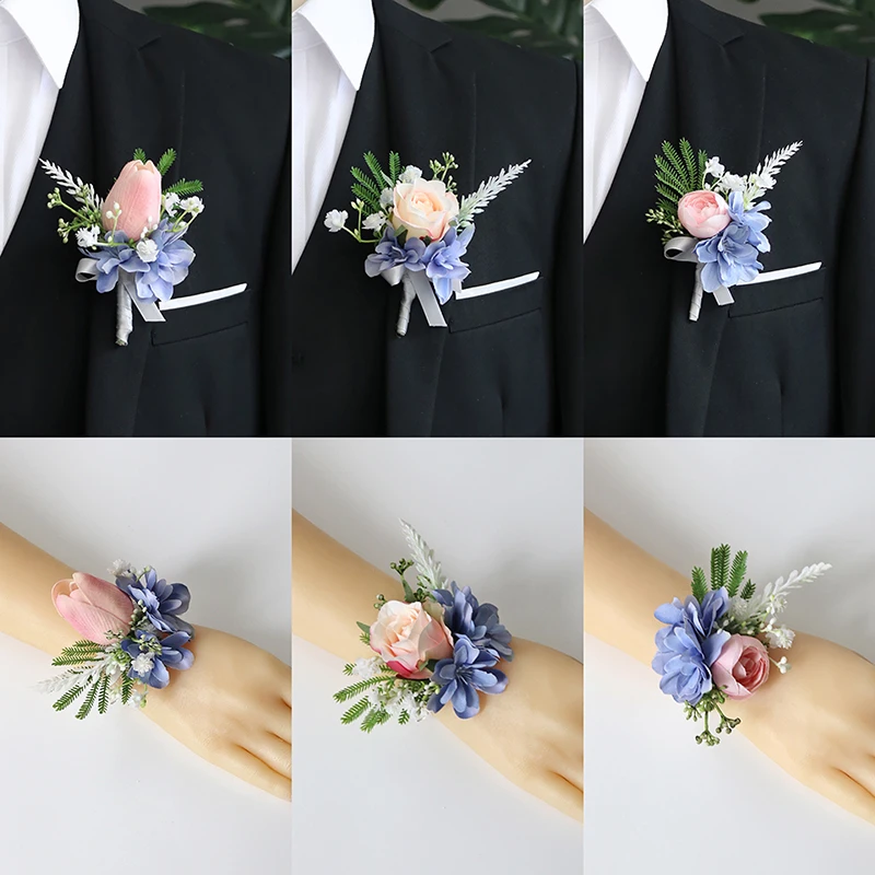 GT ผ้าไหม Corsages สีฟ้า Boutonnieres ของตกแต่งงานแต่งงานแต่งงาน Rose นาฬิกาข้อมือ Corsage Pin Boutonniere ดอกไม้สำหรับผู้เข้าพัก