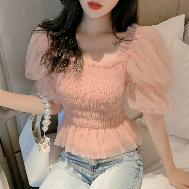 Zomer Mesh Blouses Vrouwen Zoete Bladerdeeg Mouw Gaas Blouses Dames Elegant Shirt Tops Vierkante Hals Ruffle Ruches Chiffon Roze Top