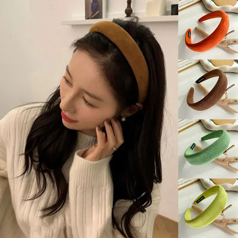 2022 Female Bezel Padded Headband for Women Candy Color Thick Hair Hoop Velvet Hairband Sponge Hair Band Girls Hair Accessories