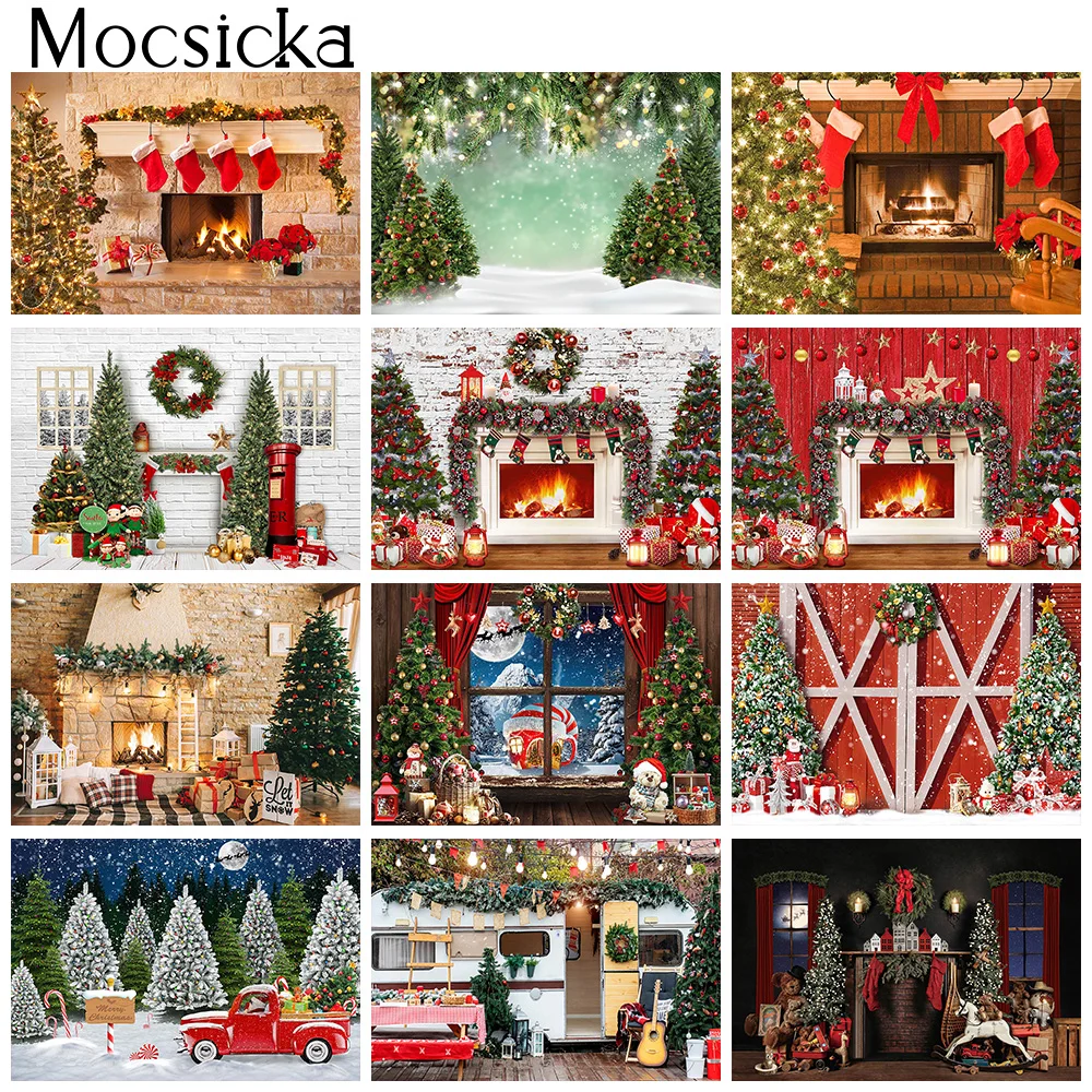 Winter Christmas Photography Backdrop Fireplace Birthday Cake Smash Portrait Background Snow Socks Pine Forest Studio Photoshoot