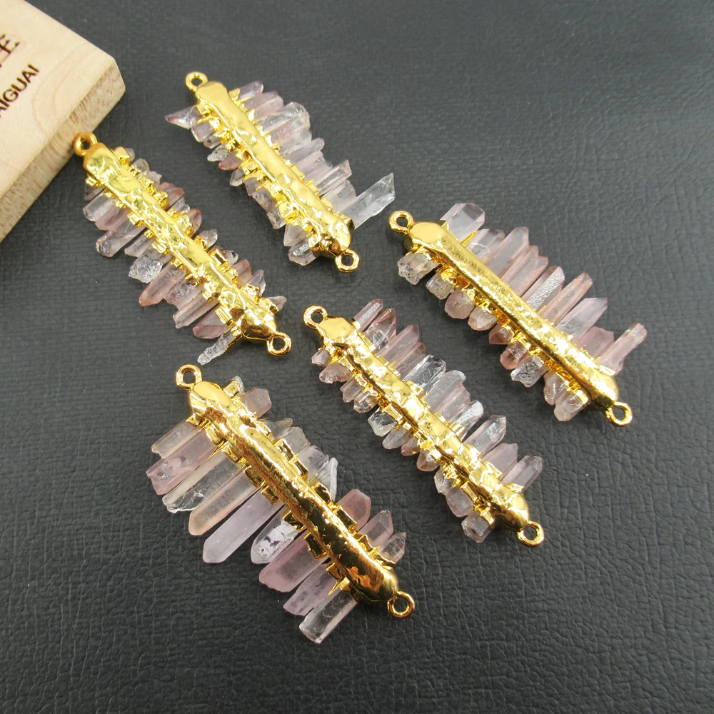 APDGG 5 PCS Faceted Natural Lepidocrocite Quartz Druzy Crystal 20x40mm Gold Plated Double Bail Connector Jewelry Making DIY