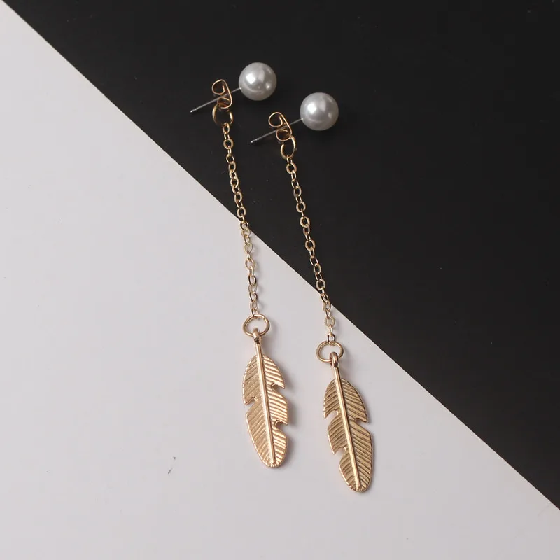 Long Tassel Dangle Earrings for Women Simulated Pearls Top Leaf Feather Pendants Drop Earrings Brincos Bijoux boucle d\'oreille