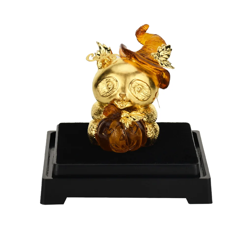 Halloween Panda Statue Pumpkin Small Model Figurine Decoration Cute Panda Handmade Crafts Gold foil Decoration Desktop Ornaments