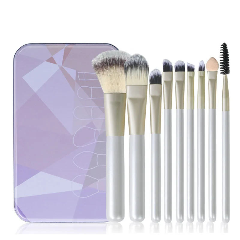 

9pcs Makeup Brushes Set Face Powder Foundation Eyebrow Eyelashes Sponge Smudge Brush Cosmetics Essential Tools with Metal Box