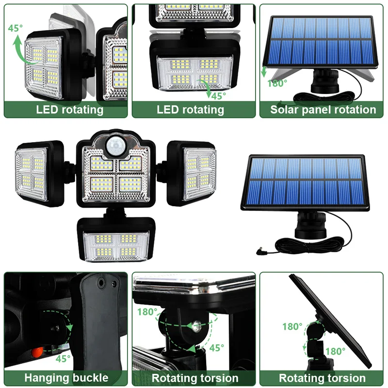 2000W 198 192 LED Solar Lights Outdoor Motion Sensor 4 Heads 3 Modes Solar Wall Lamp IP67 Waterproof Landscape Security Lighting