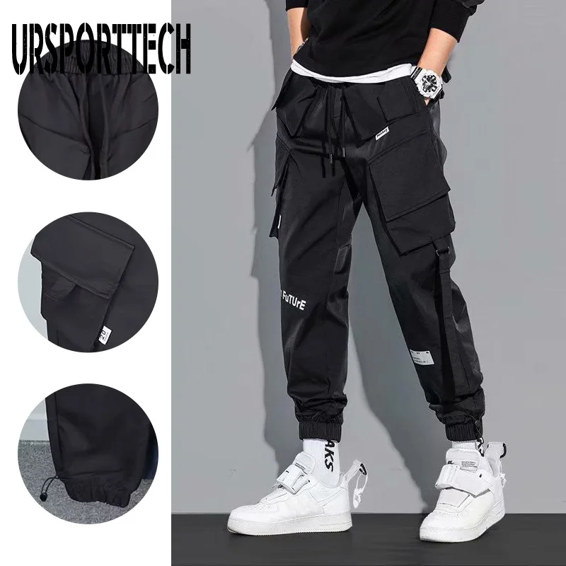 Hip Hop Streetwear Joggers Pants Men Student Casual Cargo Pant Trousers High Street Elastic Waist Loose Laser Harem Pant Boys