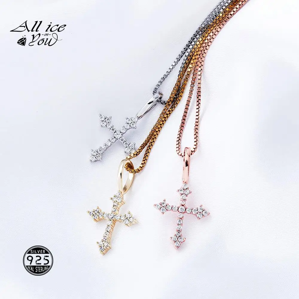 ALLICEONYOU 925 Sterling Silver High Quality Iced Out Cubic Zirconia Cross Pendant&Necklace Hip Hop Fashion Jewelry Gift