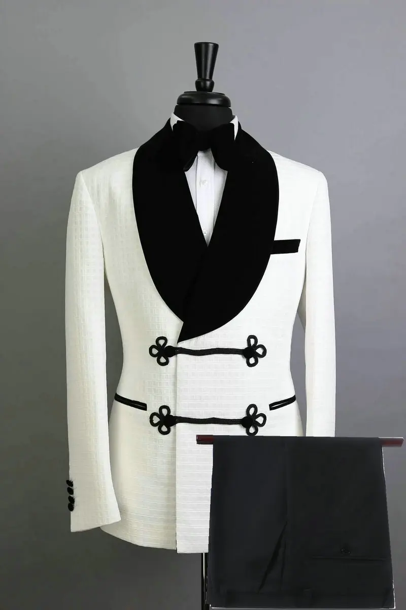 

Latest Design White Plaid Terno Masculino Groom Wear Velvet Shawl Lapel Double Breasted Mens Suits 2 Pieces Tuxedo (Jacket+Pant)