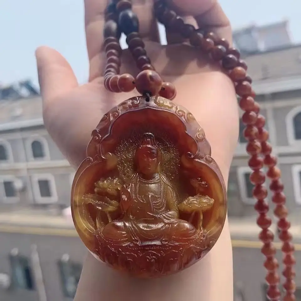 

New Walking Perfume Ambergris Grey Amber Guanyin Pendant Necklace with Round Bead Neck Chain Amulet Lifelike Jewelry