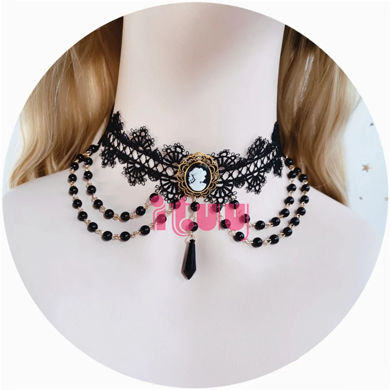 Lolita KC Gothic Diablo Series Notre Dame Apollo Sun Punk Rose Pearl Lace Collarbone Chain Necklace