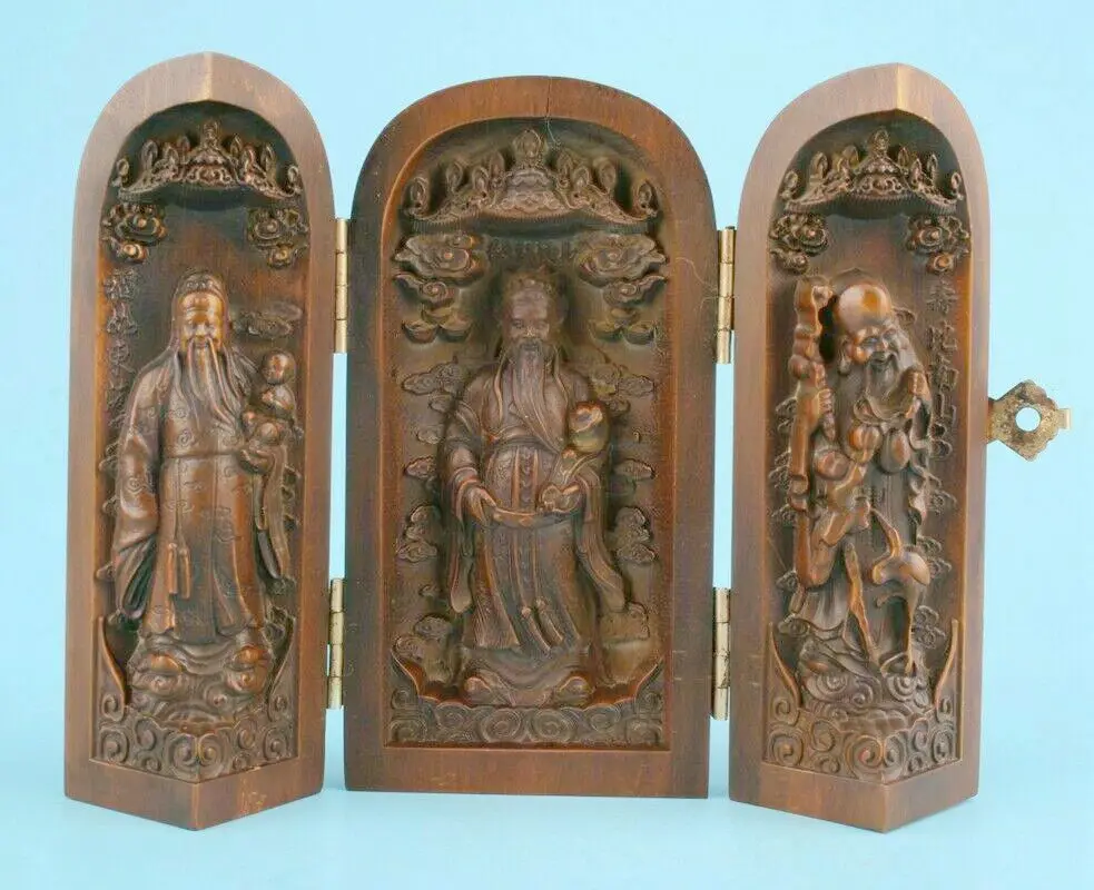 

BUDDHIST CHINESE BOXWOOD BOX STATUE HAND-CARVED BODHISATTVA SPIRITUAL OLD GIFT