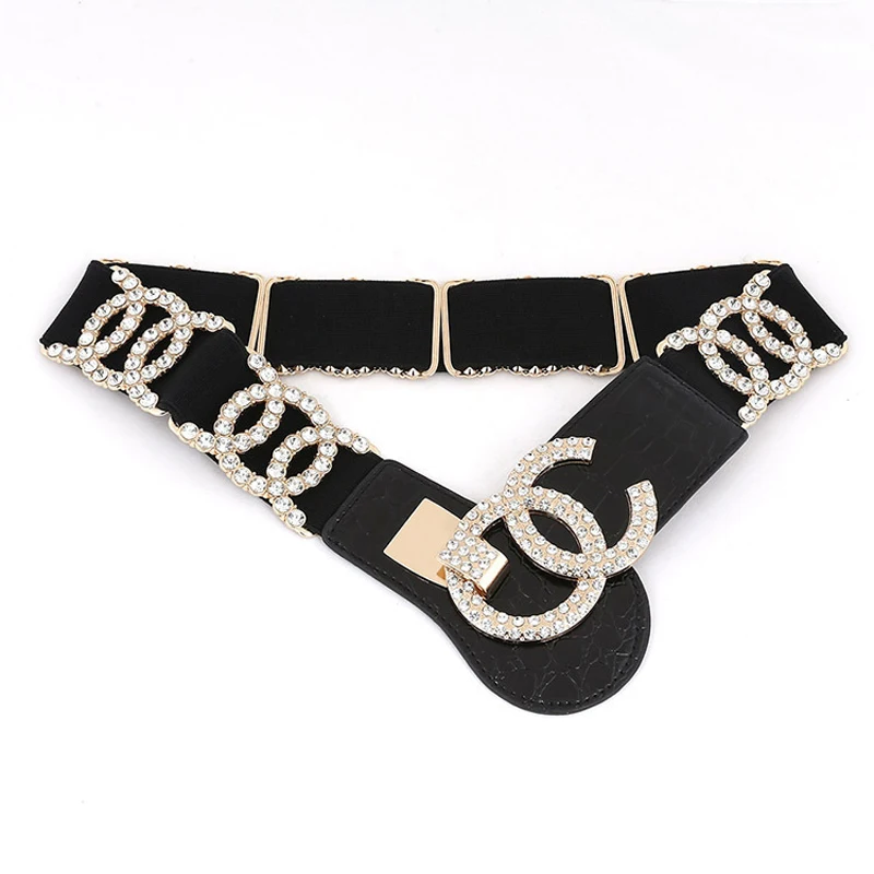 Fashion Rhinestone Crystal Belts for Women Wide Elastic Waist Belt Stretch Dress Belt Waistband Cinturon Mujer