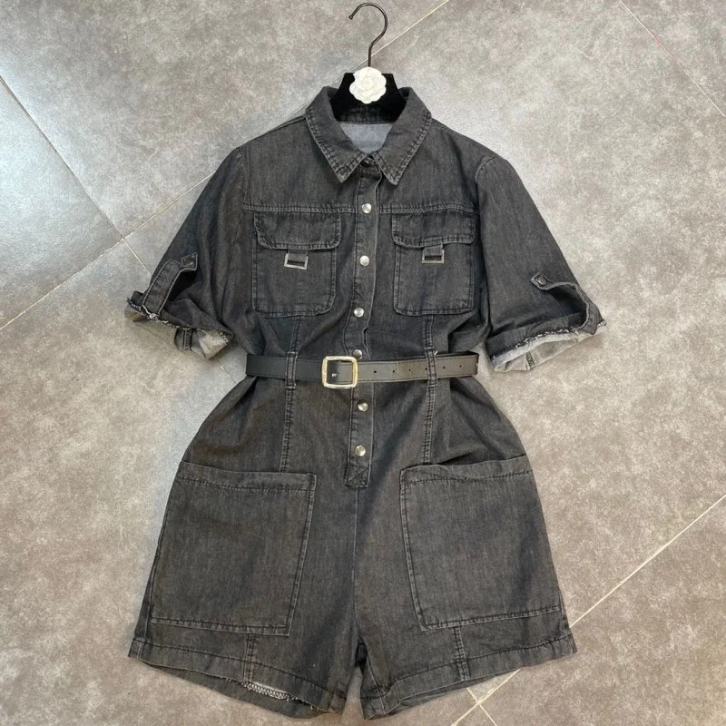 Turn-Down Summer Collar Pockets Elegant Short Jumpsuits Concise High Street Vintage Denim Playsuit 2022 Womens New Fashion