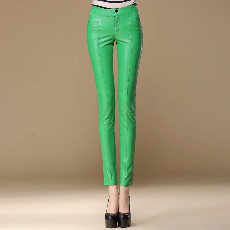 Quality High Women Sexy Leather Skinny Pencil Pants Long Trousers Female Sheepskin Real Leather Pants Big Size Slim Ladies Pants