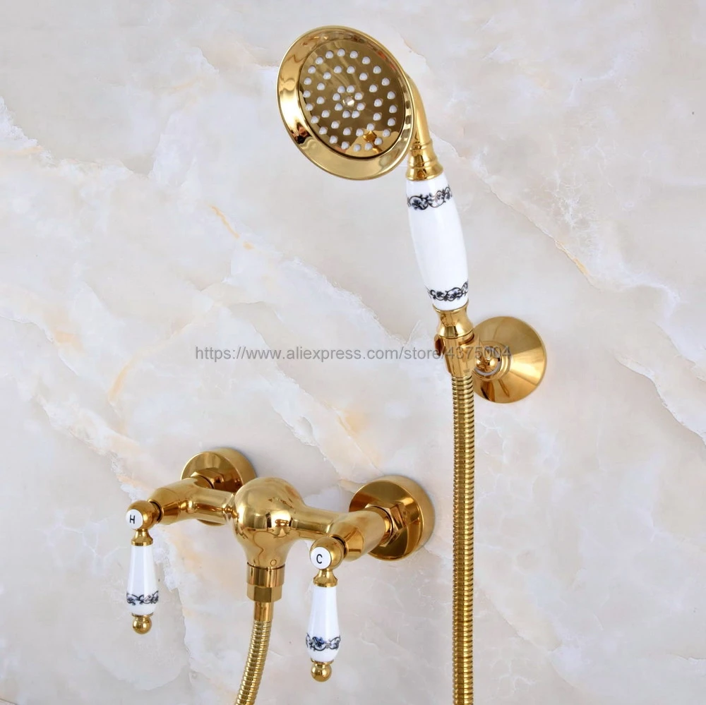 

Gold Color Brass Bathroom Shower Faucet Mixer Tap With Hand Shower Head Shower Faucet Set Wall Mounted Nna980