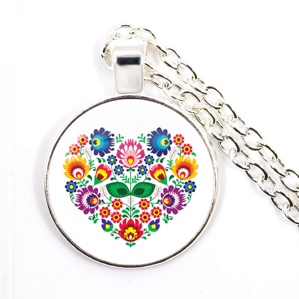 Ethnic Polish Folk Art Pattern Glass Cabochon Necklace Bohemia Fashion Flower Print Round Jewelry Pendant For Women Men Gift